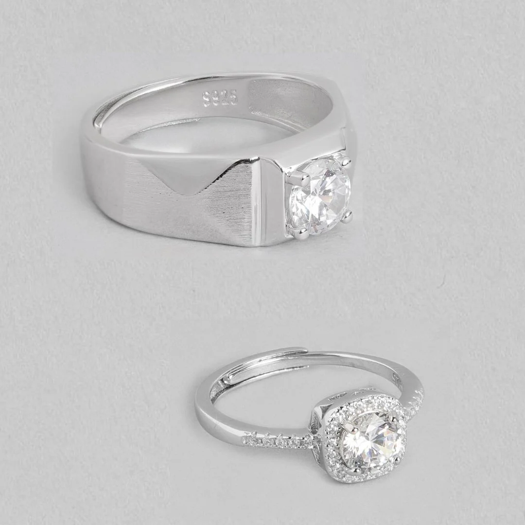 Eternal Sparkle Rhodium-Plated 925 Sterling Silver CZ Couple Ring (Adjustable)