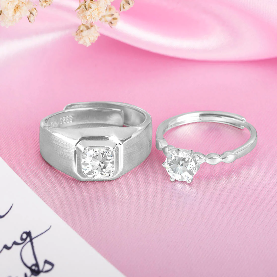 Everlasting Union Solitaire Rhodium-Plated 925 Sterling Silver Couple Ring (Adjustable)