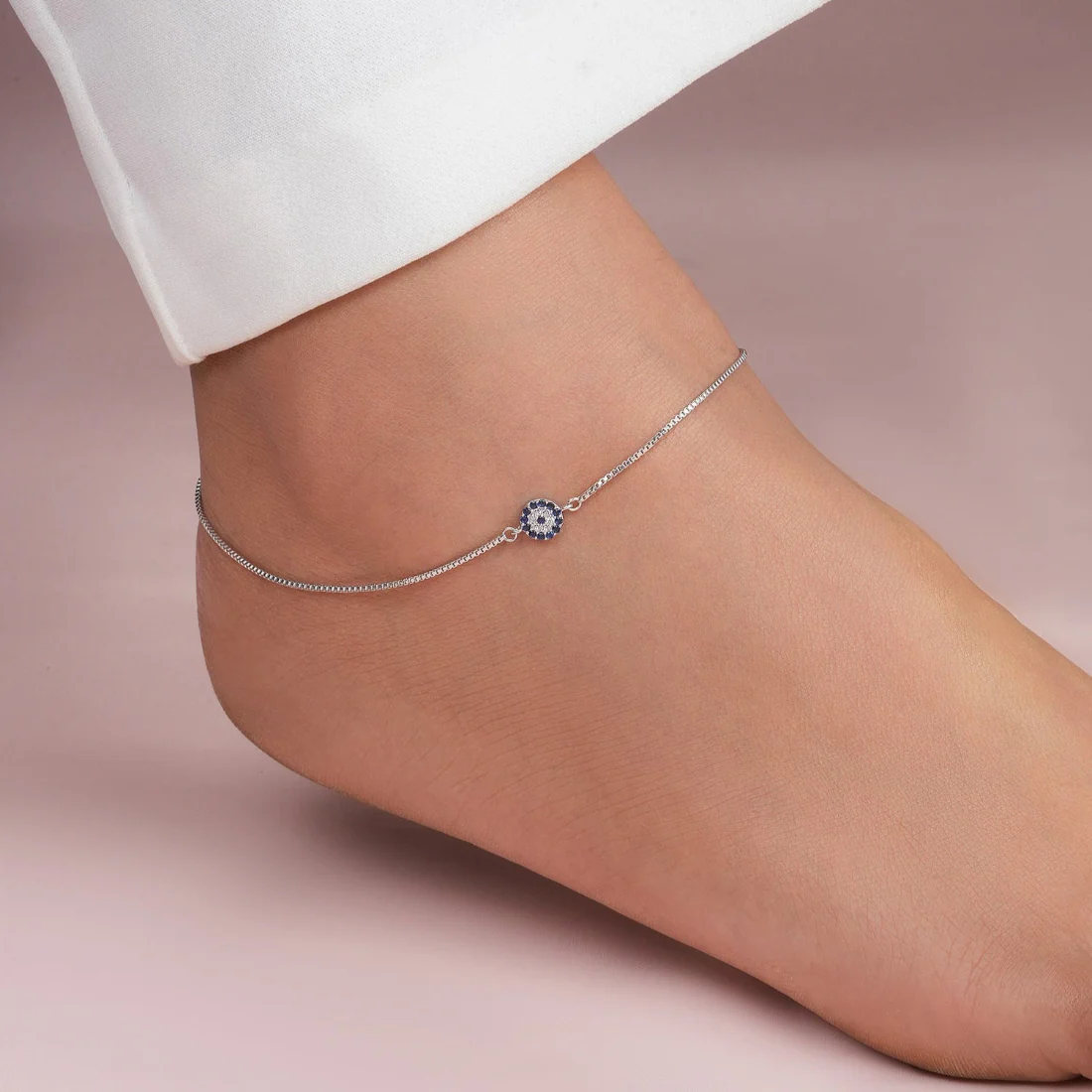 Evil Eye Charm Rhodium Plated 925 Sterling Silver Anklet - Image 2