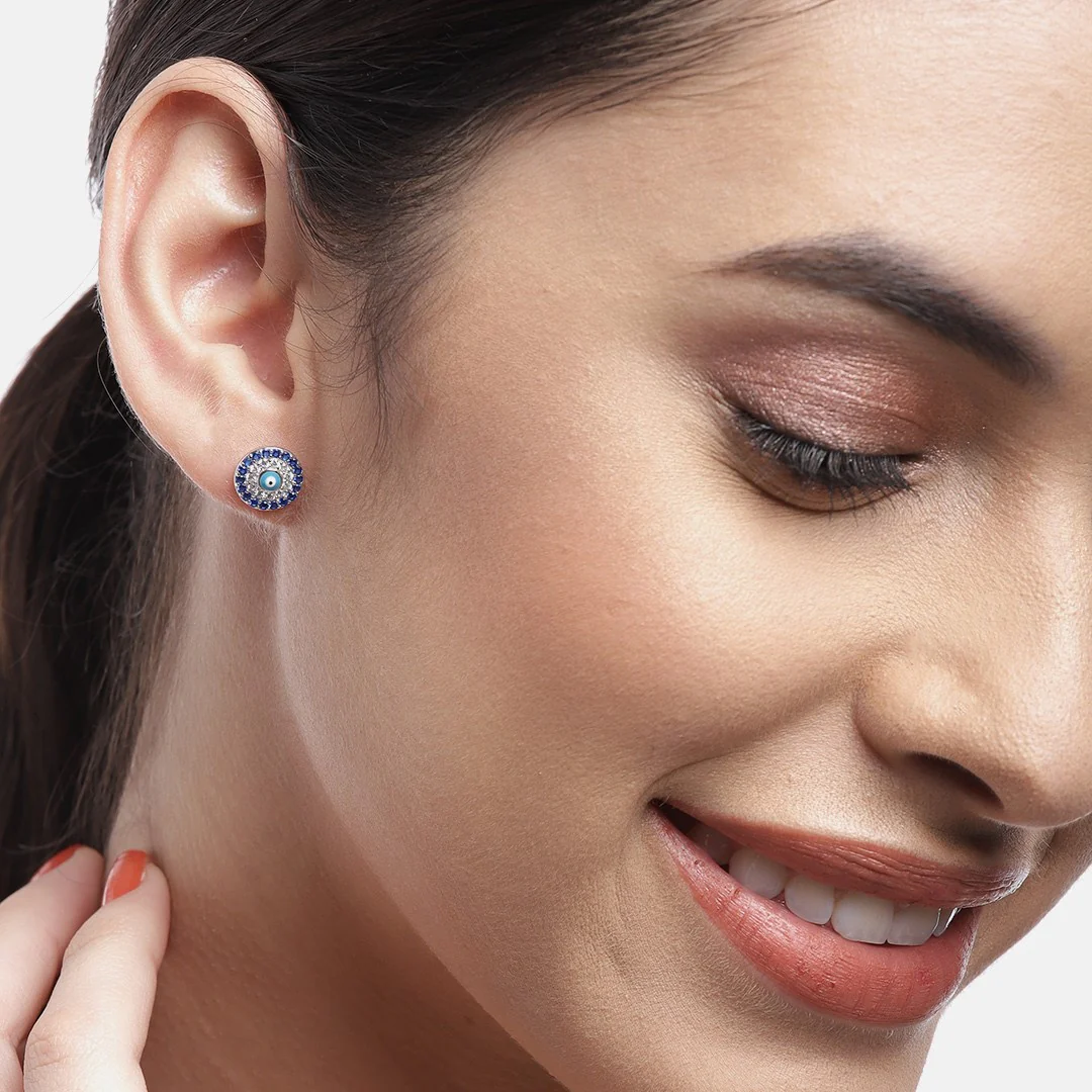 Evil Eye Cubic Zirconia Stud 925 Silver Earrings - Image 3