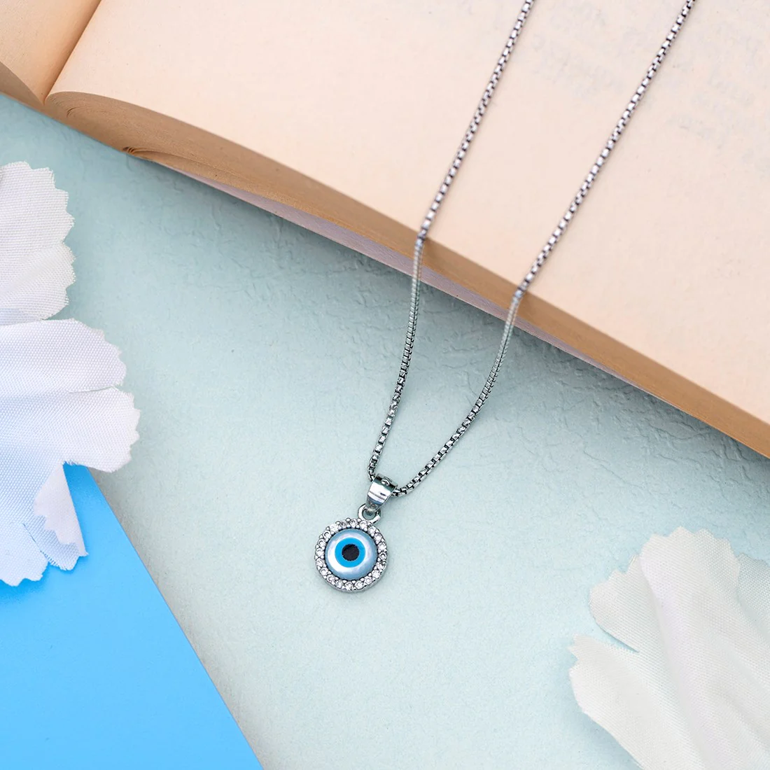 Evil Eye Guardian Rhodium Plated CZ 925 Sterling Silver Necklace