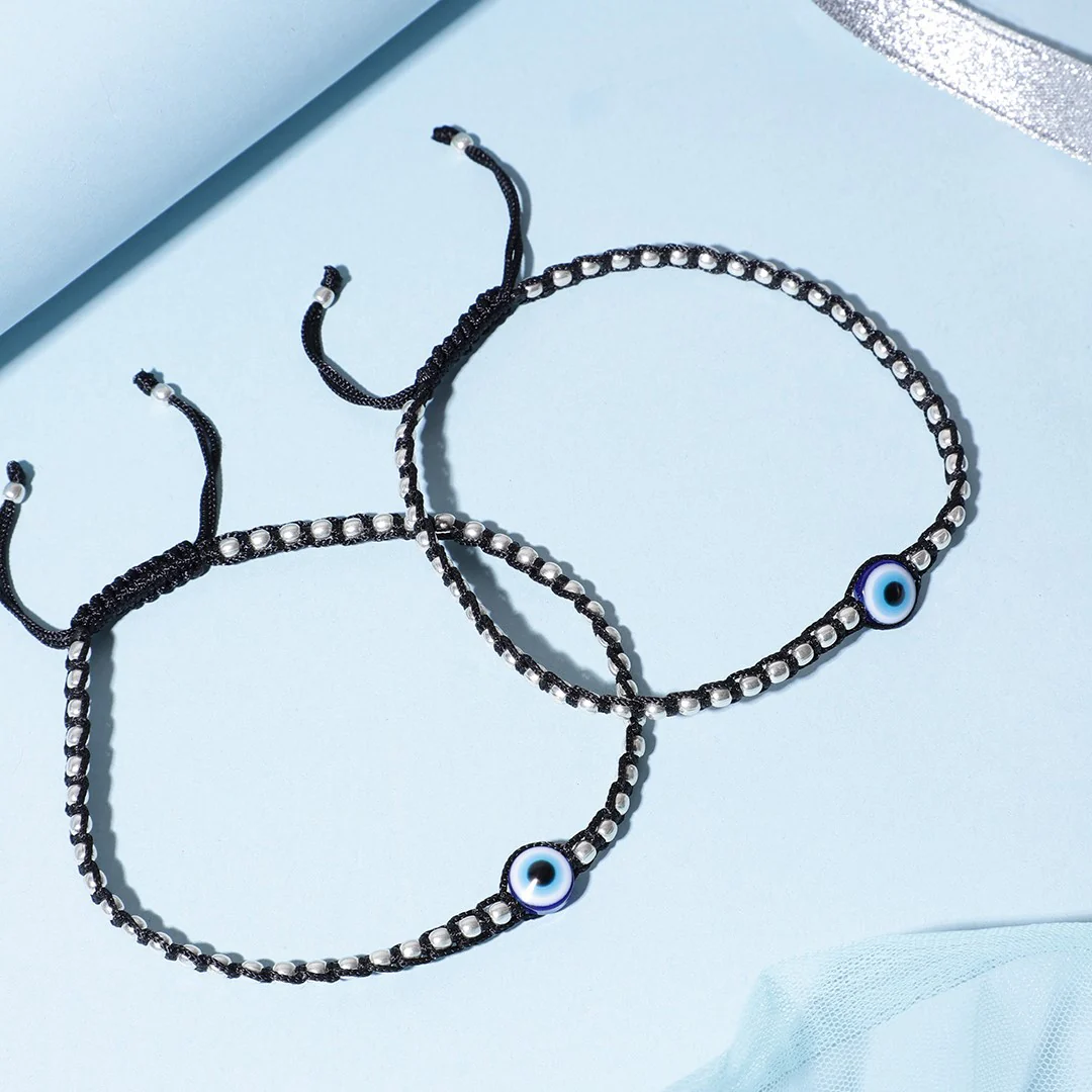 Evil Eye Single Bead Rhodium Plated 925 Sterling Silver Thread Anklet - Image 2