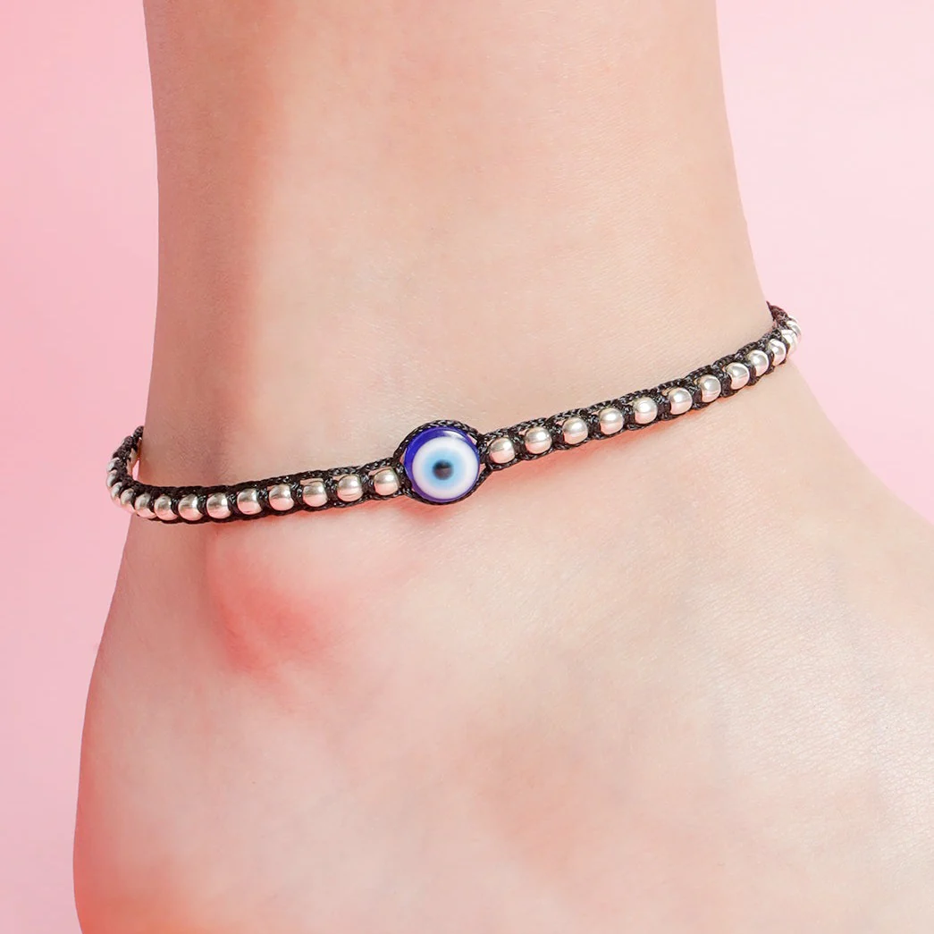 Evil Eye Single Bead Rhodium Plated 925 Sterling Silver Thread Anklet - Image 4