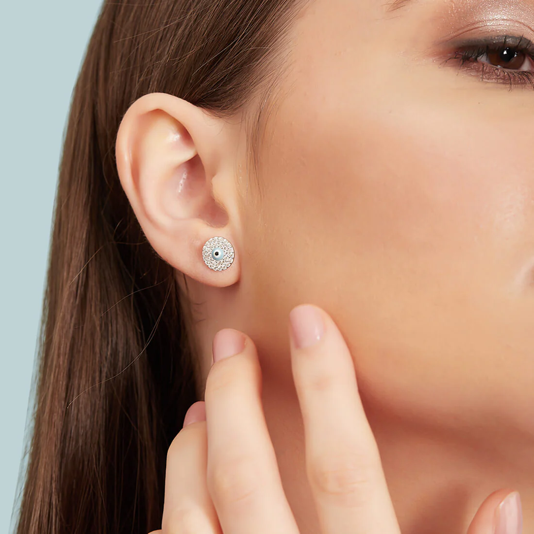 Evil Eye Stone and Cubic Zirconia Stud 925 Silver Earrings - Image 2