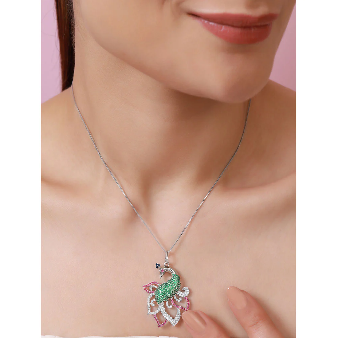 Exquisite Rhodium Plated 925 Silver Pendant with Peacock style - Image 3