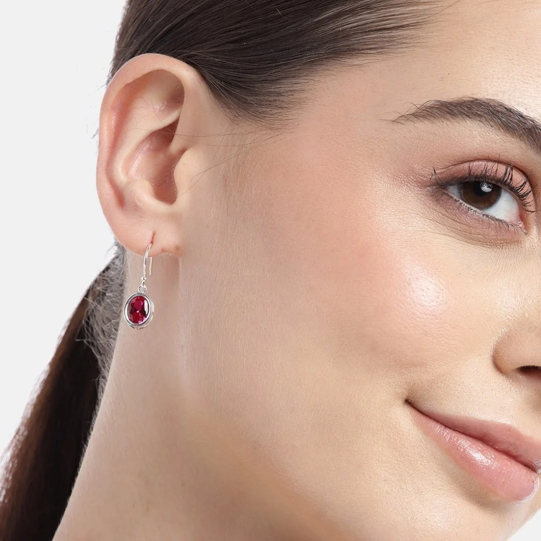 Fiery Elegance Rhodium-Plated Red CZ 925 Sterling Silver Earrings - Image 2