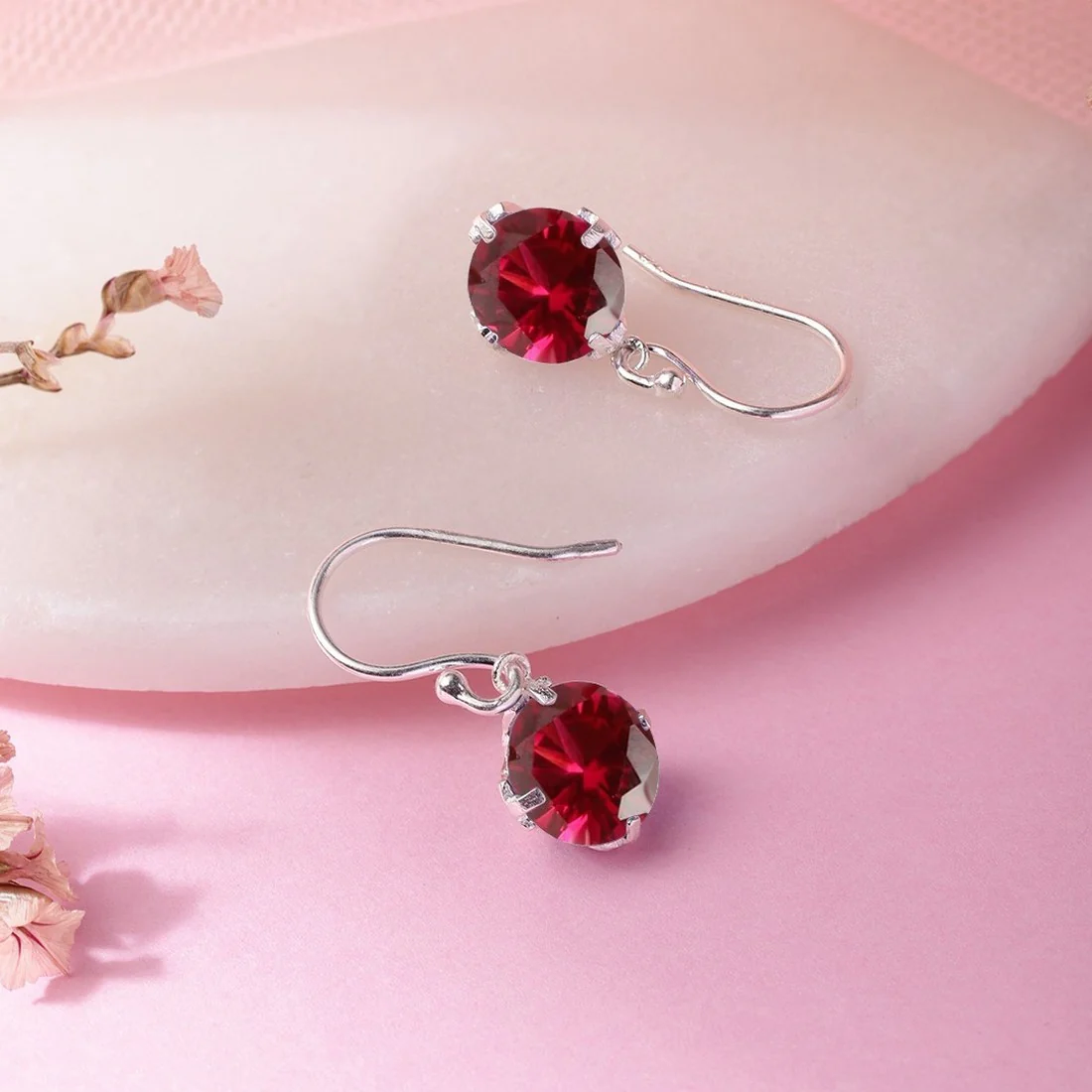 Fiery Passion Red Solitaire Rhodium-Plated 925 Sterling Silver Earrings