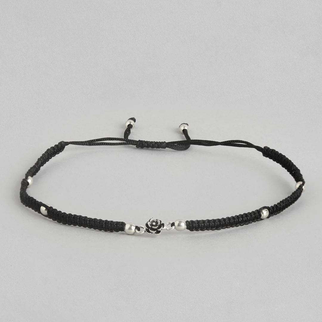 Floral Beads Rhodium Plated 925 Sterling Silver Thread Anklet - Image 8