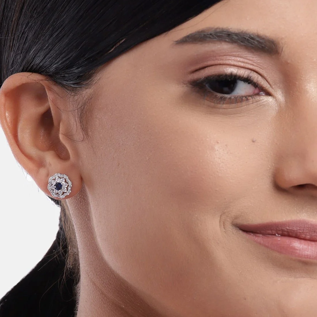 Floral Blue Stone Studded 925 Sterling Silver Stud Earrings - Image 2