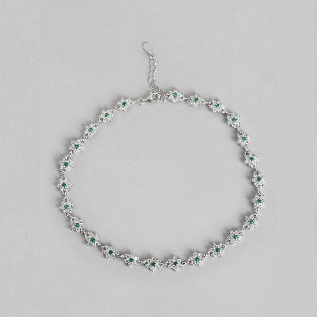 Floral Green CZ Rhodium Plated 925 Sterling Silver Anklet - Image 7