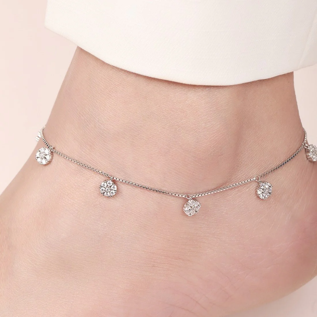 Floral CZ Rhodium Plated 925 Sterling Silver Anklet - Image 2