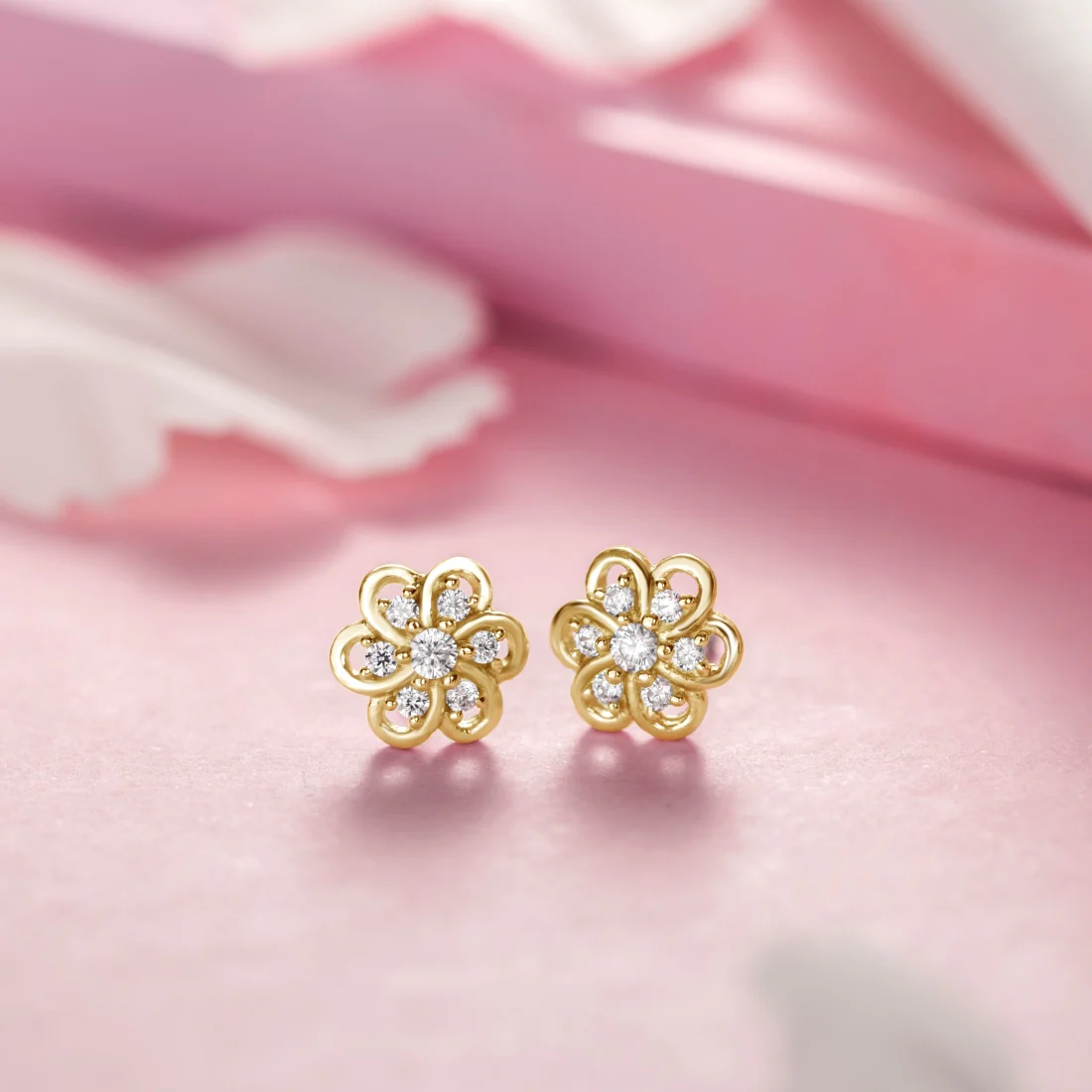 Floral CZ Studded Gold Plated 925 Sterling Silver Studs - Image 2