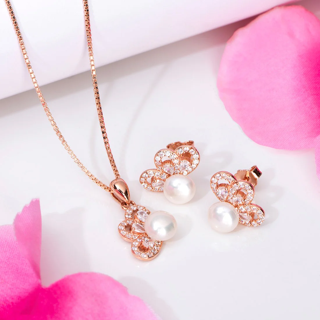 Floral Pearl-CZ Harmony 925 Sterling Silver Rose Gold-Plated Jewelry Set