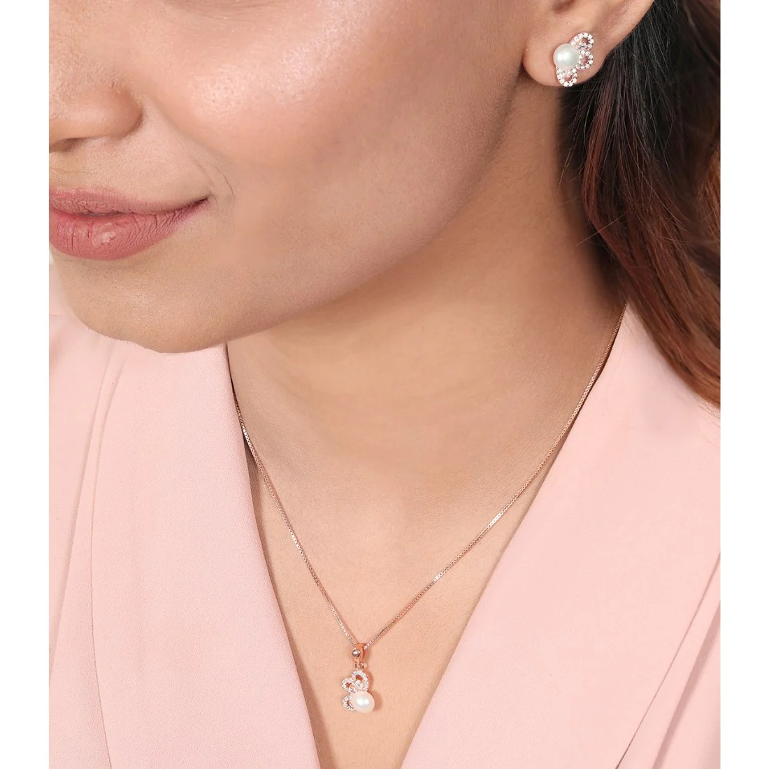 Floral Pearl-CZ Harmony 925 Sterling Silver Rose Gold-Plated Jewelry Set - Image 2