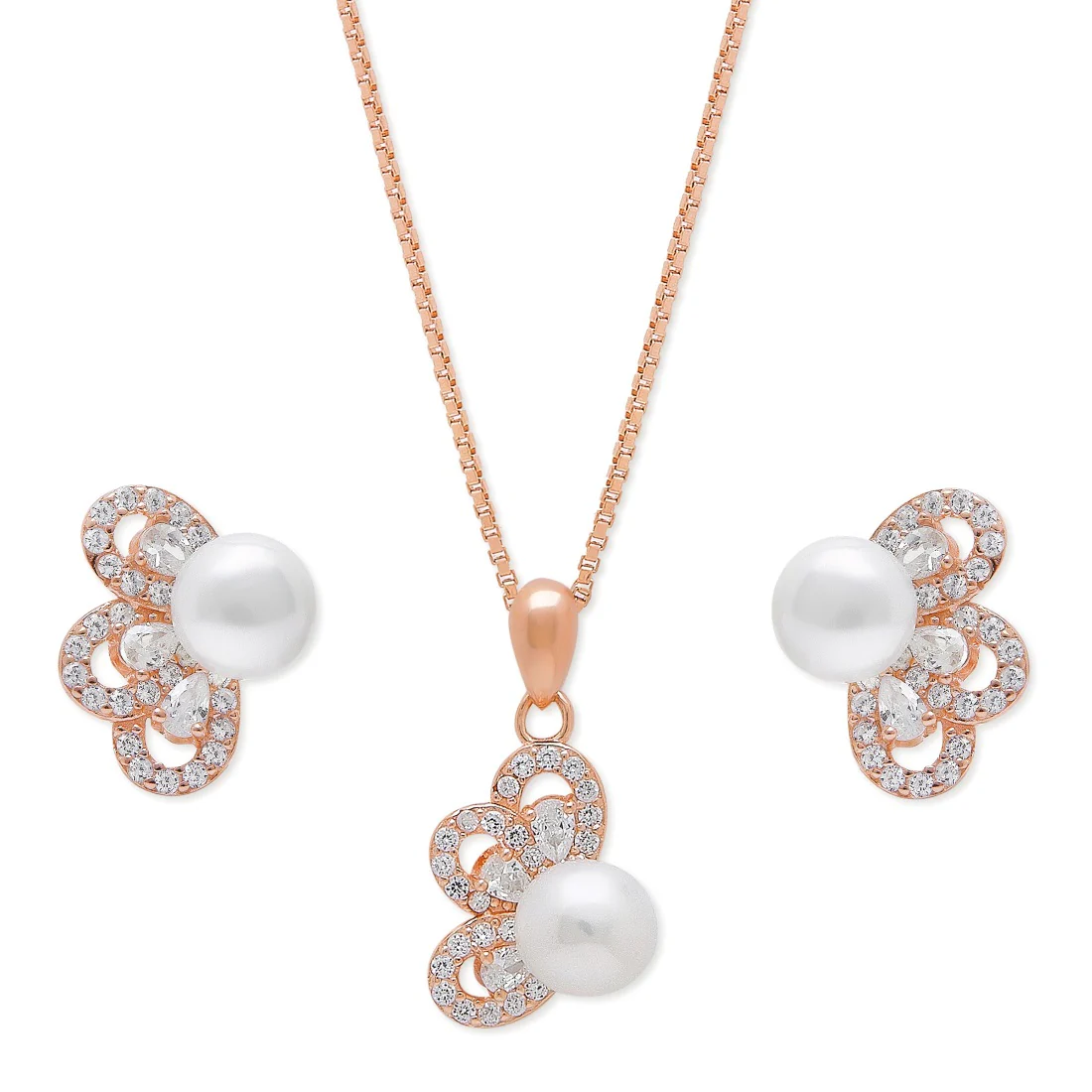 Floral Pearl-CZ Harmony 925 Sterling Silver Rose Gold-Plated Jewelry Set - Image 3