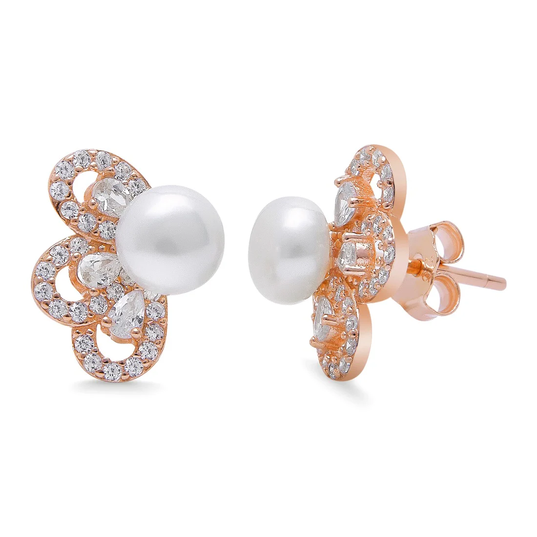 Floral Pearl-CZ Harmony 925 Sterling Silver Rose Gold-Plated Jewelry Set - Image 4