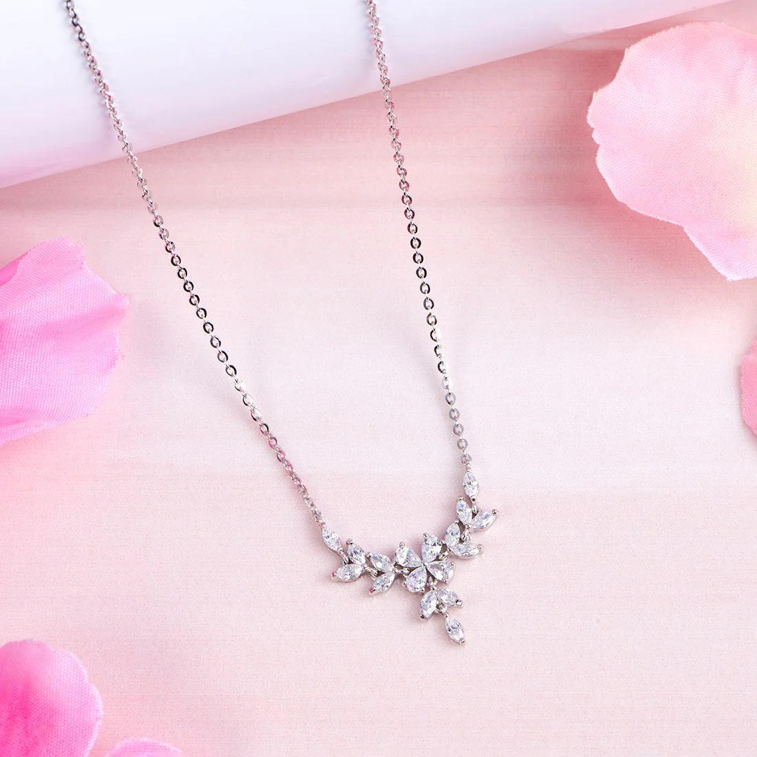 Floral Harmony Elegance Rhodium-Plated 925 Sterling Necklace - Image 2