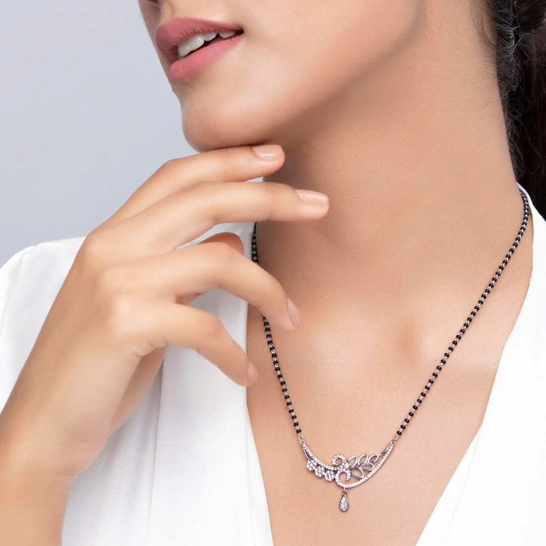 Floral Leaf CZ Studded 925 Silver Mangalsutra - Image 3