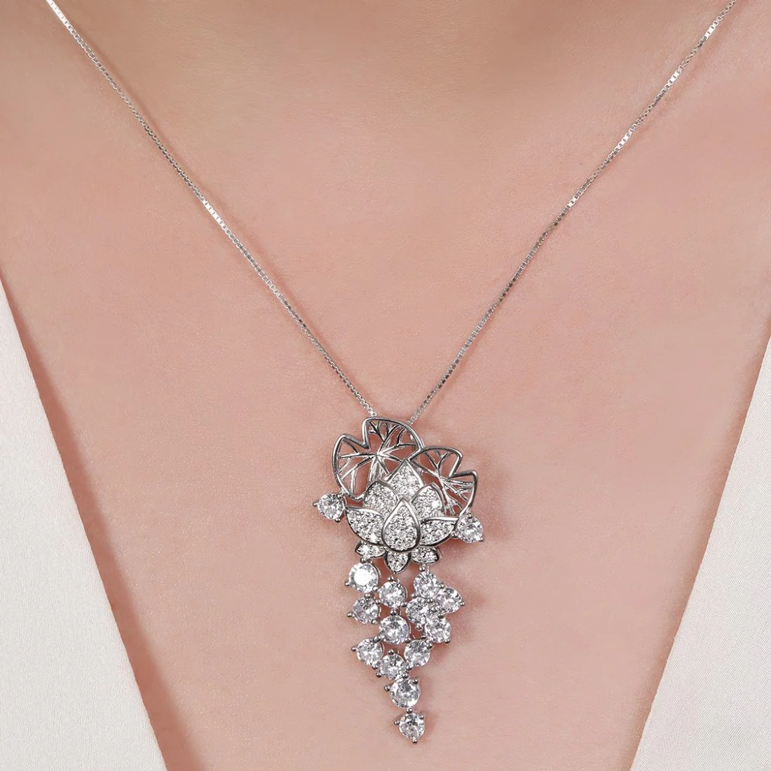 Floral Radiance Elegance Rhodium-Plated 925 Sterling Silver Charm Pendant with Chain - Image 2