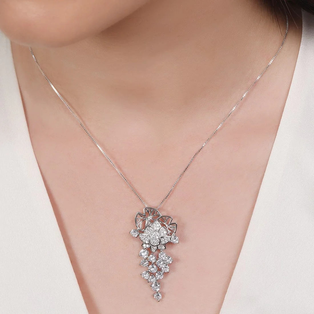 Floral Radiance Elegance Rhodium-Plated 925 Sterling Silver Charm Pendant with Chain - Image 3