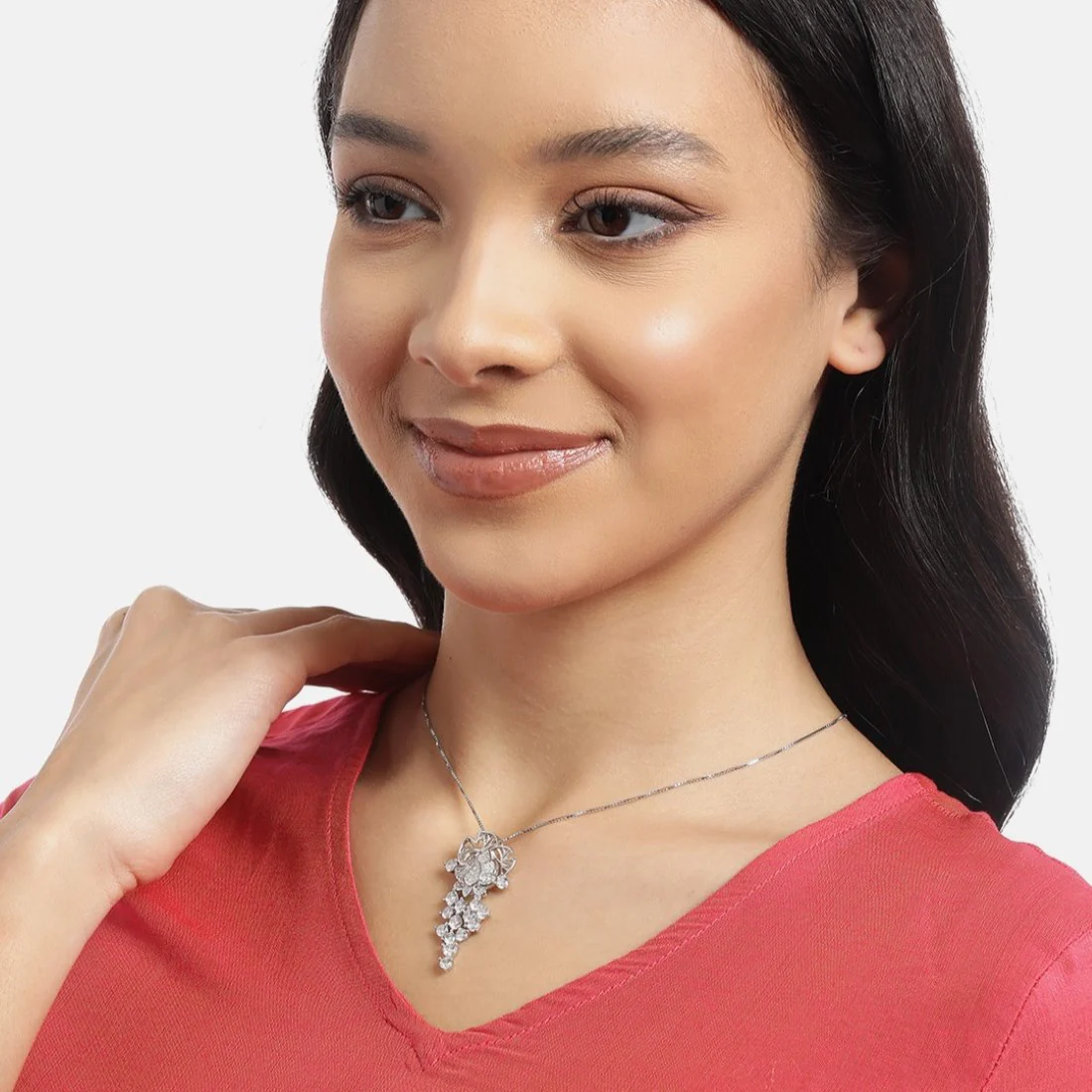 Floral Radiance Elegance Rhodium-Plated 925 Sterling Silver Charm Pendant with Chain - Image 4