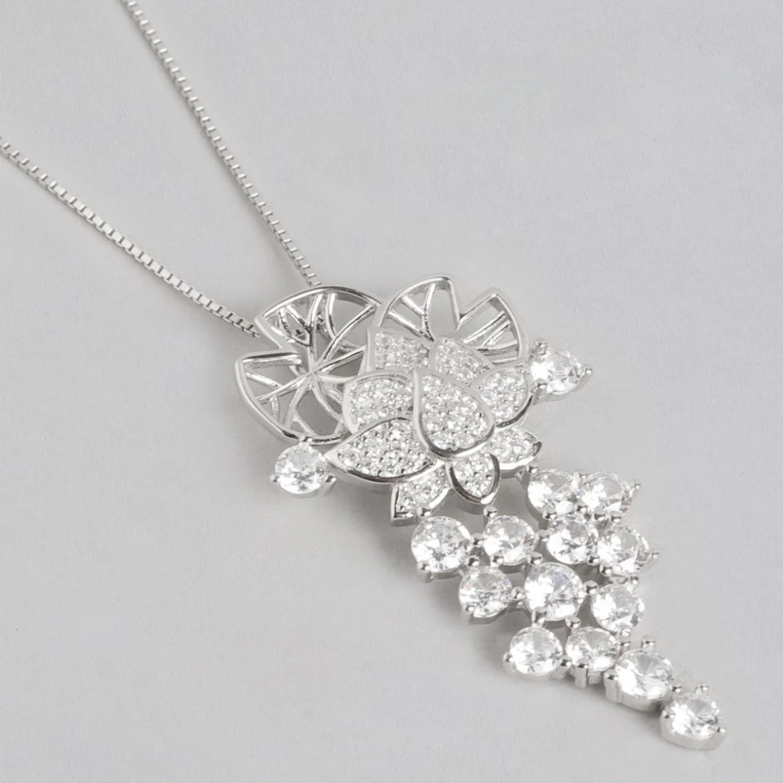 Floral Radiance Elegance Rhodium-Plated 925 Sterling Silver Charm Pendant with Chain - Image 6