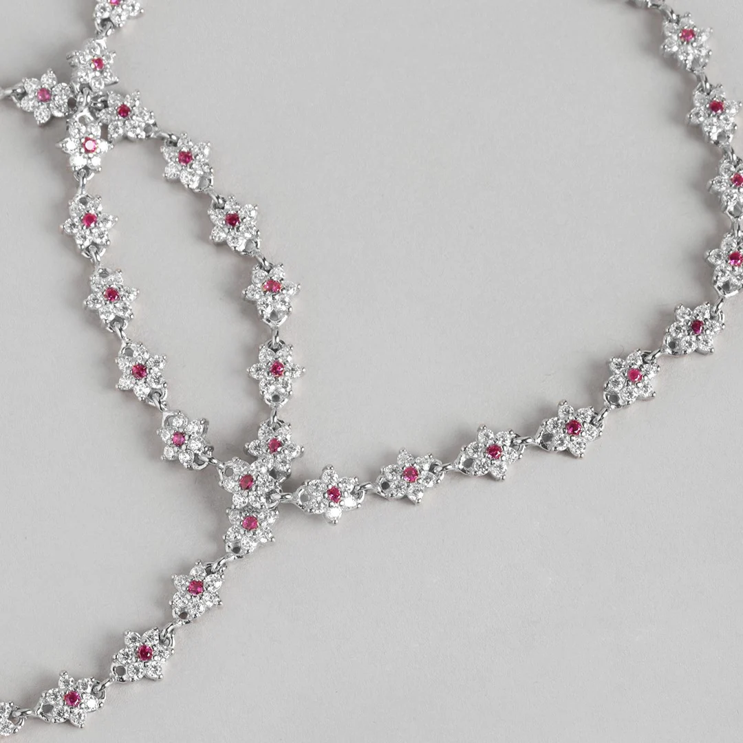 Floral Radiance Rhodium-Plated 925 Sterling Silver Anklet - Image 5