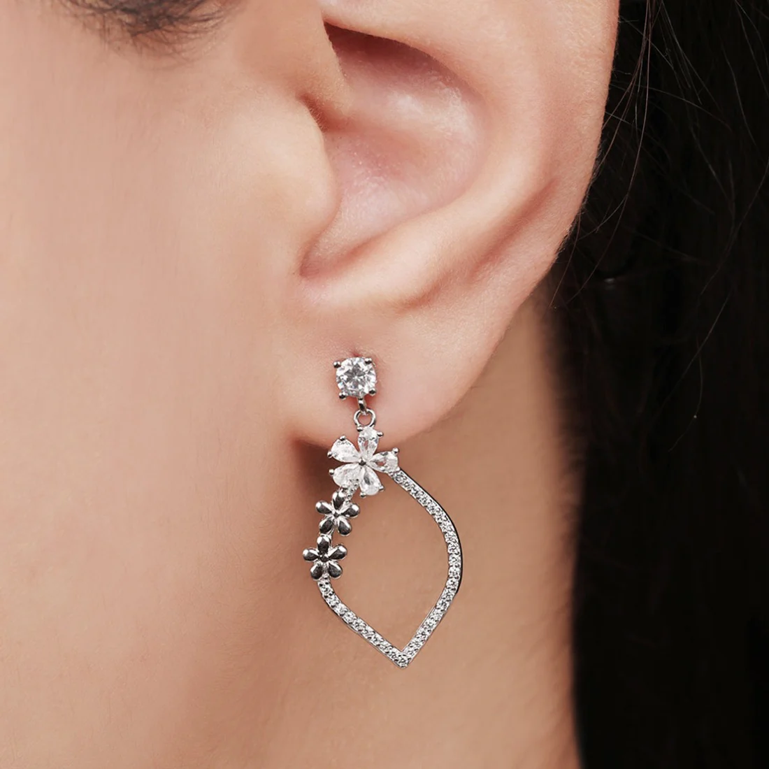 Floral Radiance Rhodium-Plated 925 Sterling Silver Drop Earrings - Image 2