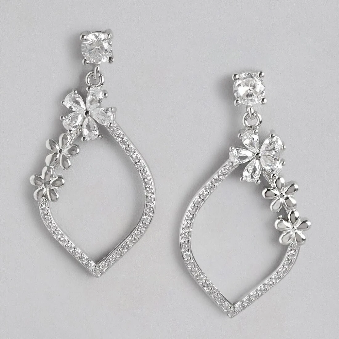 Floral Radiance Rhodium-Plated 925 Sterling Silver Drop Earrings - Image 3