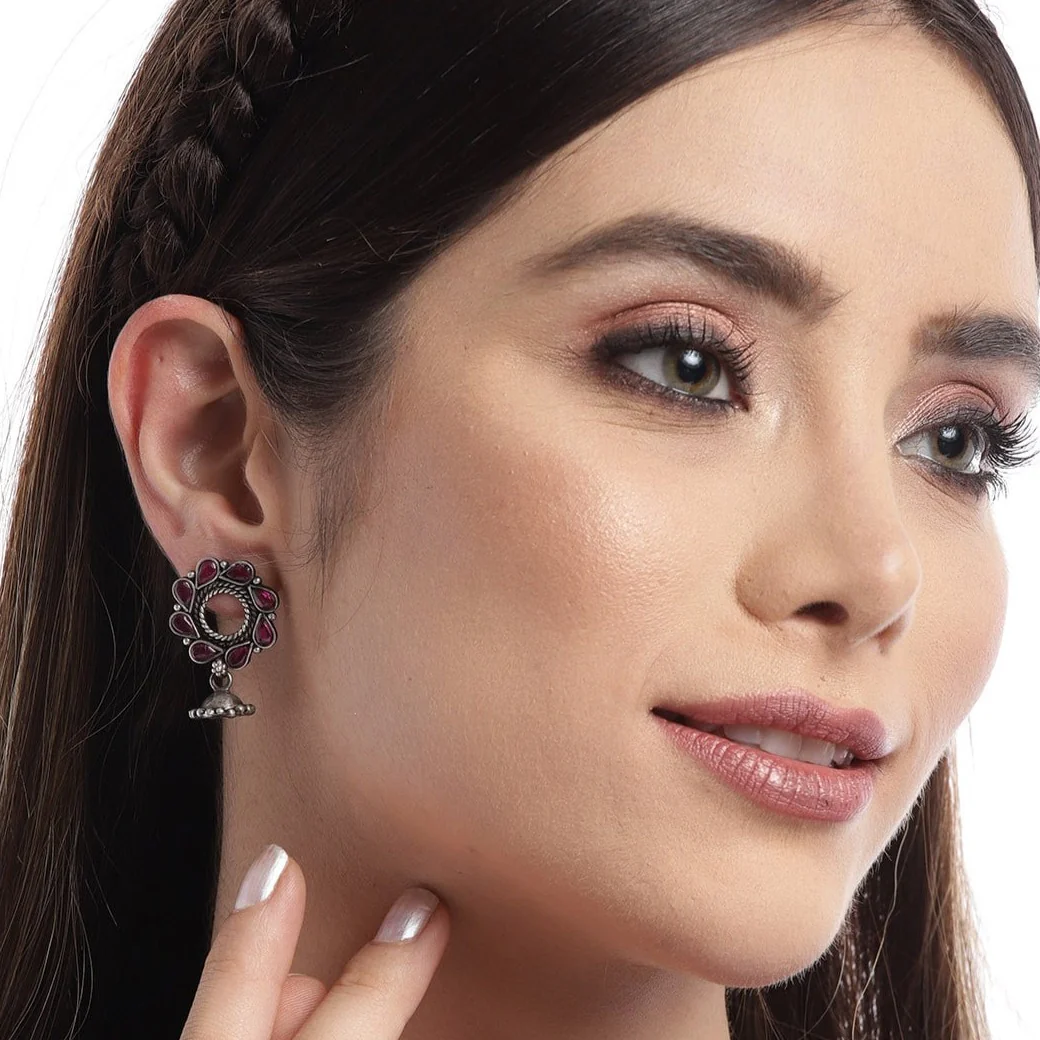 Flower Jhumka Oxidised 925 Sterling Silver Earrings - Image 2
