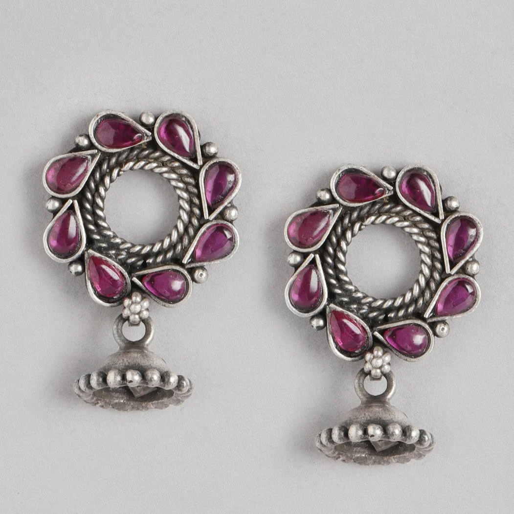 Flower Jhumka Oxidised 925 Sterling Silver Earrings - Image 3