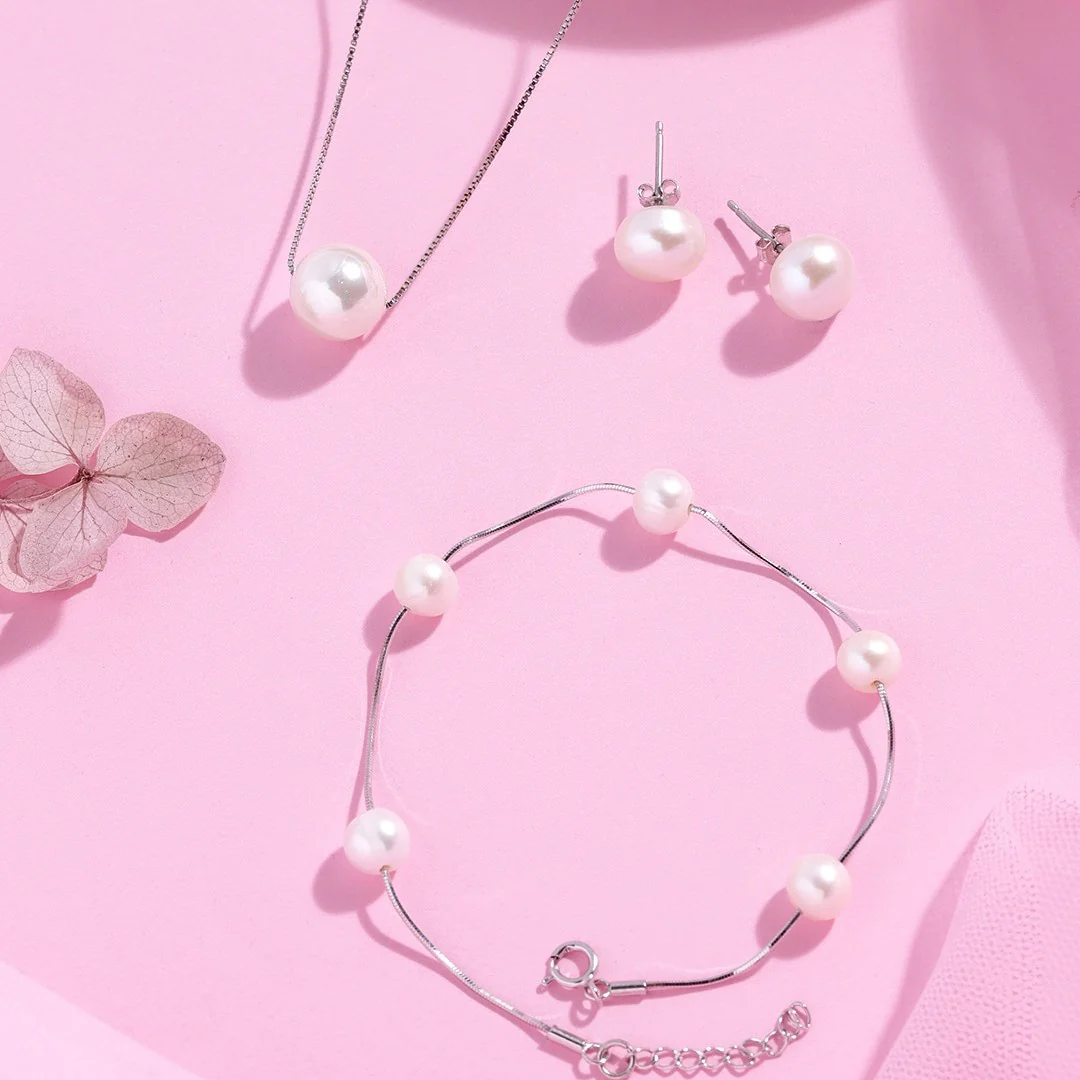 Freshwater Pearl Rhodium Plated 925 Sterling Silver Jewellery Set