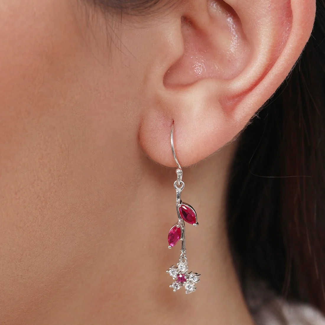 Frosty Blooms Rhodium-Plated Cubic Zirconia Floral Earrings - Image 2