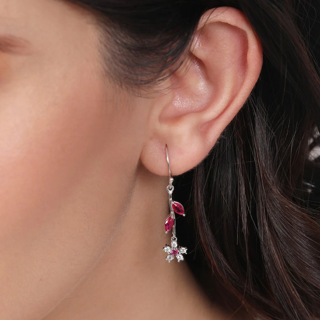 Frosty Blooms Rhodium-Plated Cubic Zirconia Floral Earrings - Image 3