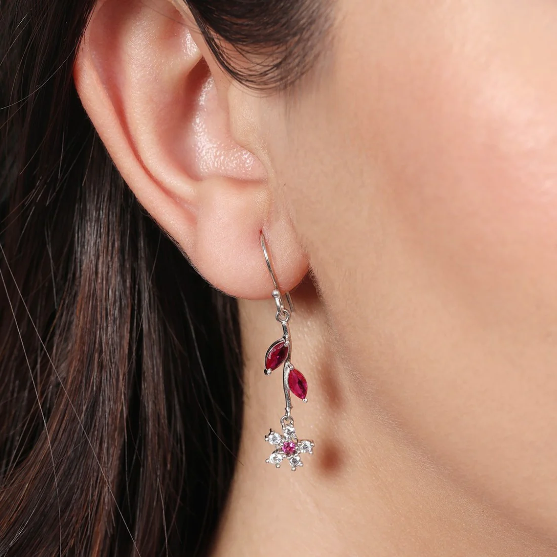 Frosty Blooms Rhodium-Plated Cubic Zirconia Floral Earrings - Image 4