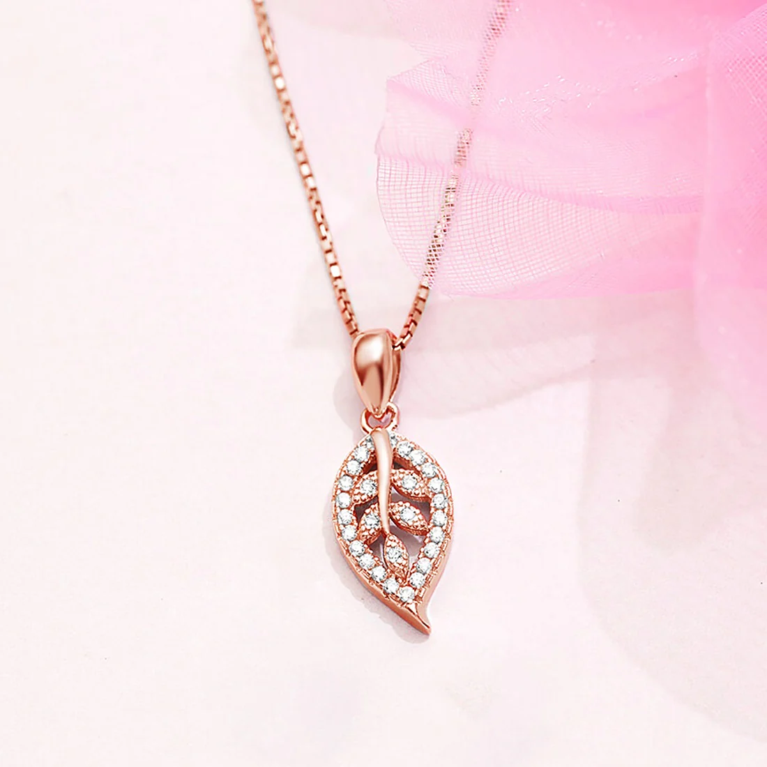 Gilded Foliage CZ Leaf Rose Gold-Plated 925 Sterling Silver Pendant with Chain - Image 2