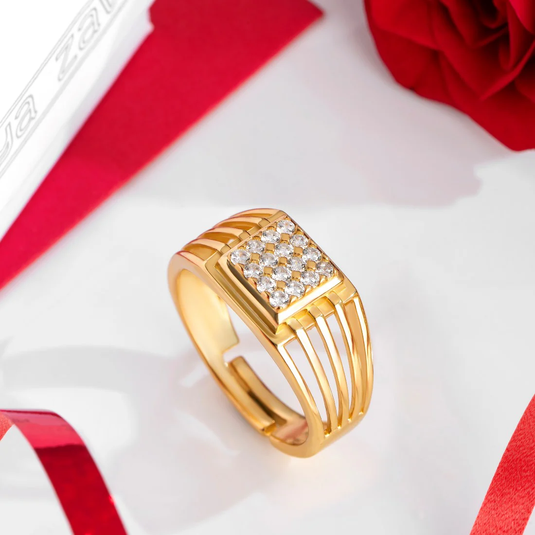 Gilded Radiance CZ Gold-Plated 925 Sterling Silver 1 Micron Ring for Him (Adjustable)