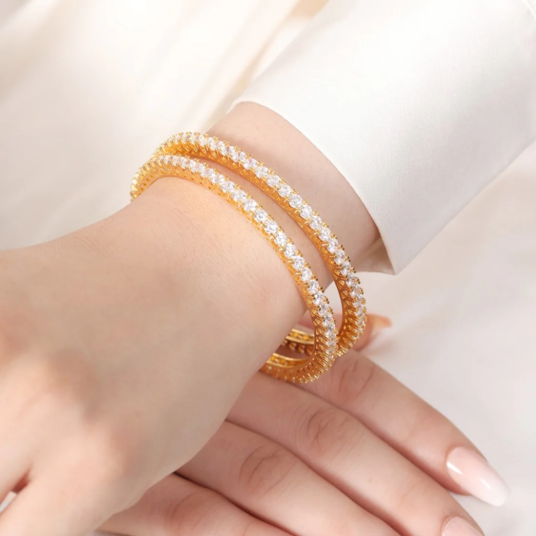 Gleaming Beauty Gold-Plated Bangle with White Cubic Zirconia - Image 2