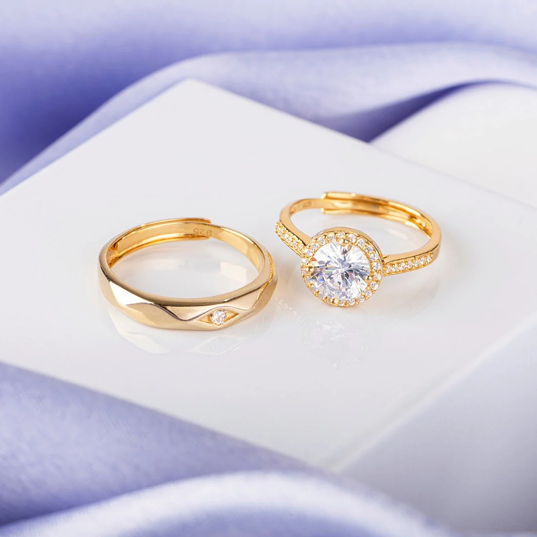 Golden Embrace 925 Sterling Silver Gold-Plated Cubic Zirconia Couple Ring (Adjustable)