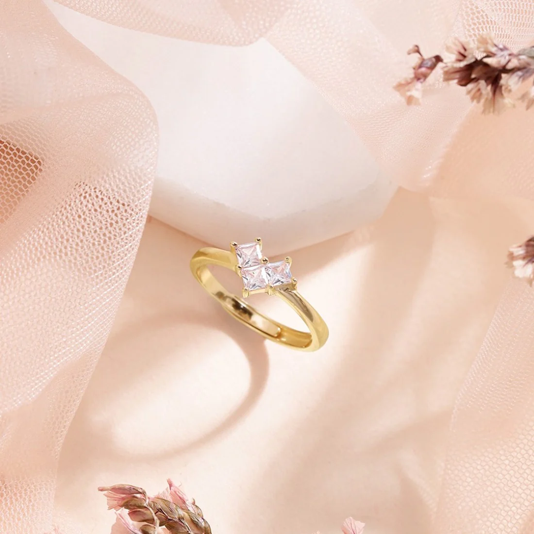 Golden Love Cubic Zirconia Gold-Plated 925 Sterling Silver Ring (Adjustable)