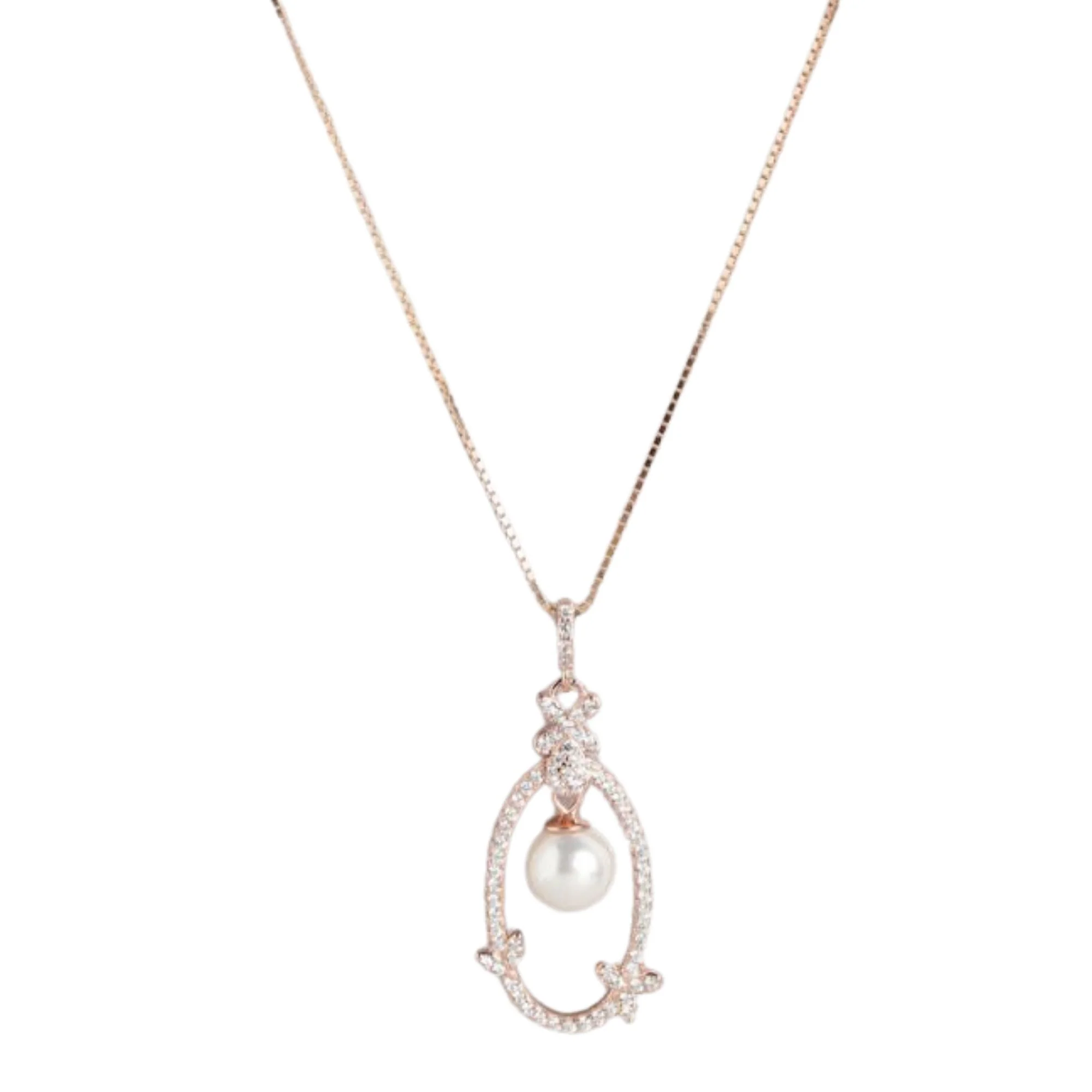Graceful Allure Rose Gold Pearl & CZ 925 Sterling Silver Pendant with Chain - Image 4