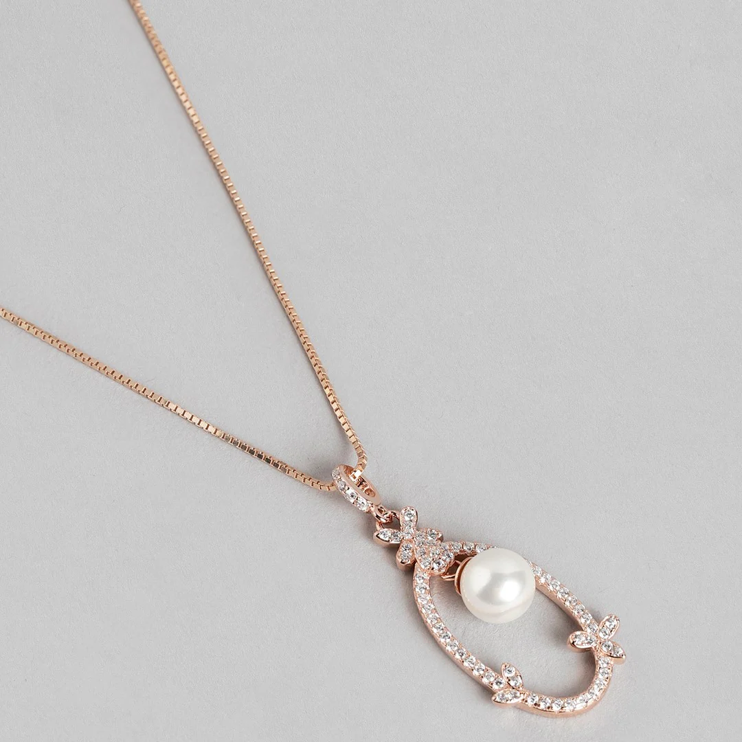 Graceful Allure Rose Gold Pearl & CZ 925 Sterling Silver Pendant with Chain - Image 6