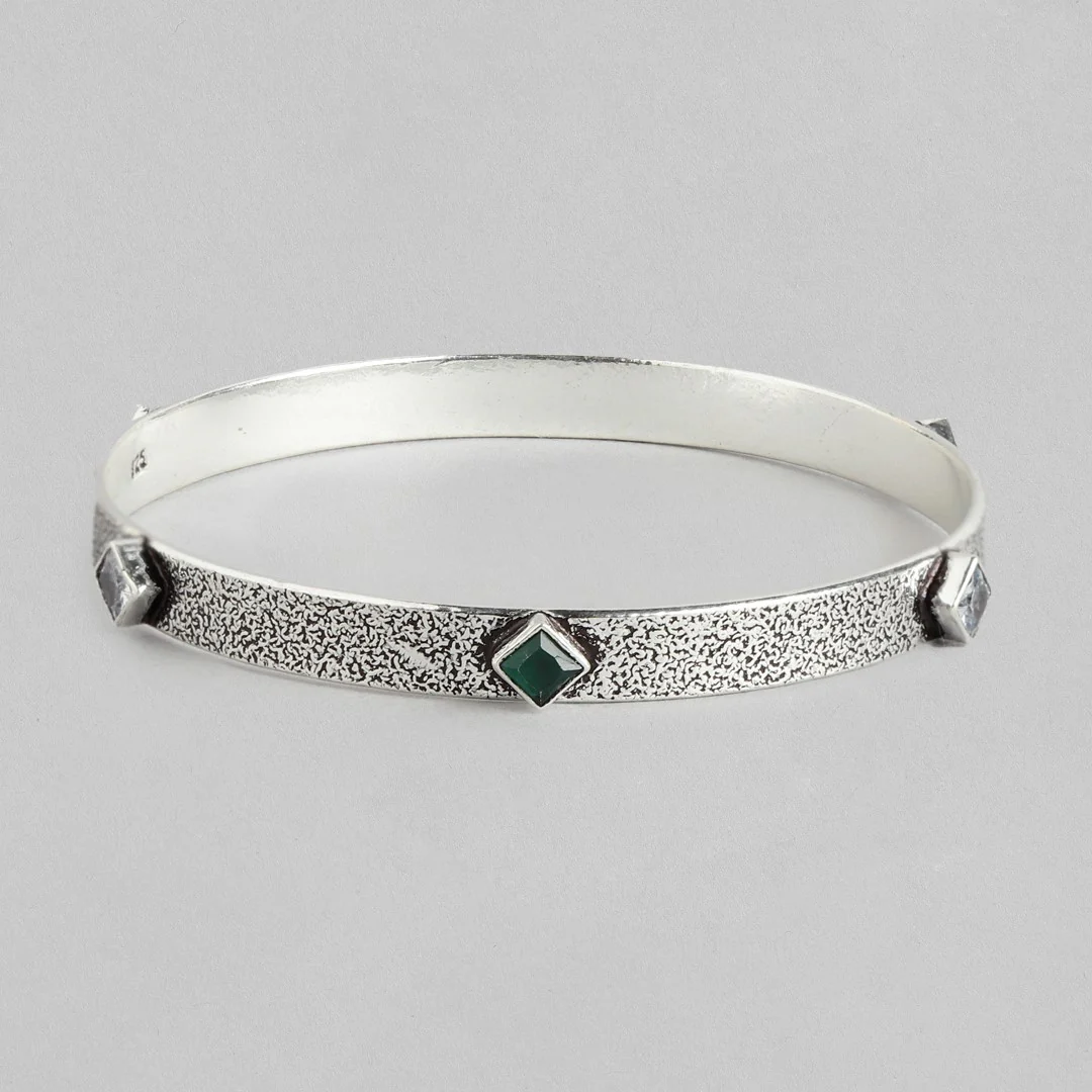 Green CZ Rhodium Plated 925 Sterling Silver Bangle - Image 5