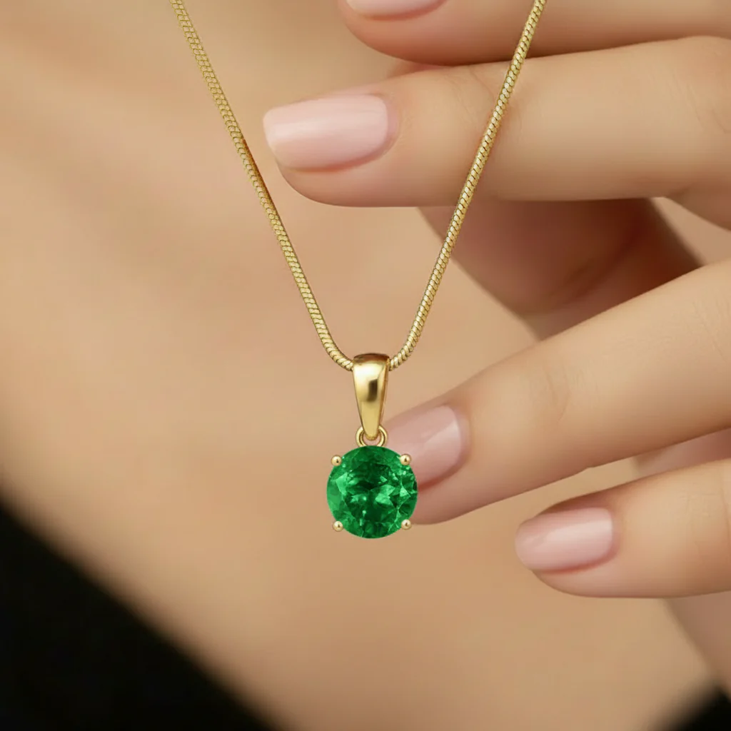 Green Solitaire Gold Plated 925 Sterling Silver Pendant with Snake Chain - Image 2