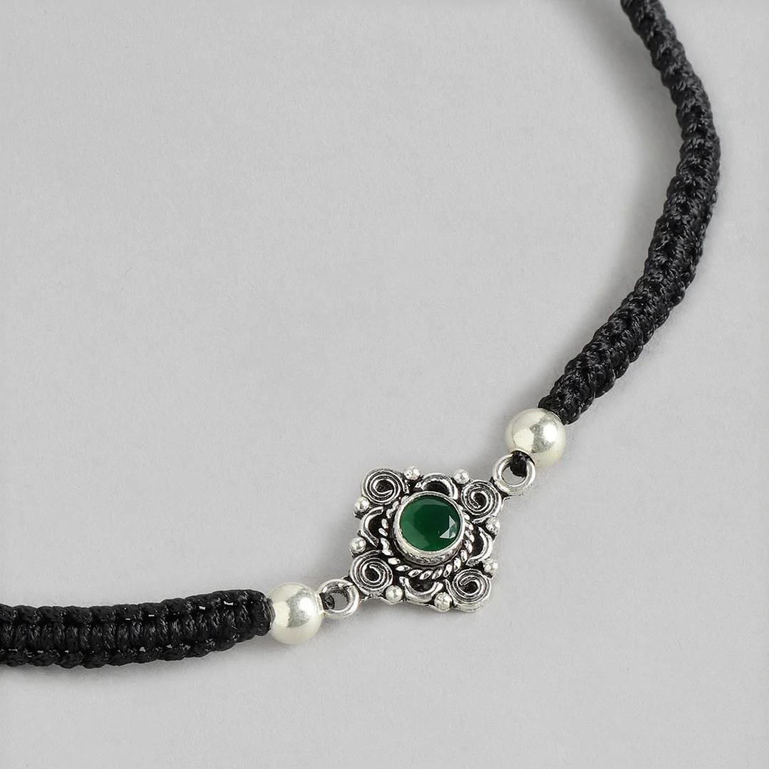 Green Stone Floral Rhodium Plated 925 Sterling Silver Thread Anklet - Image 10
