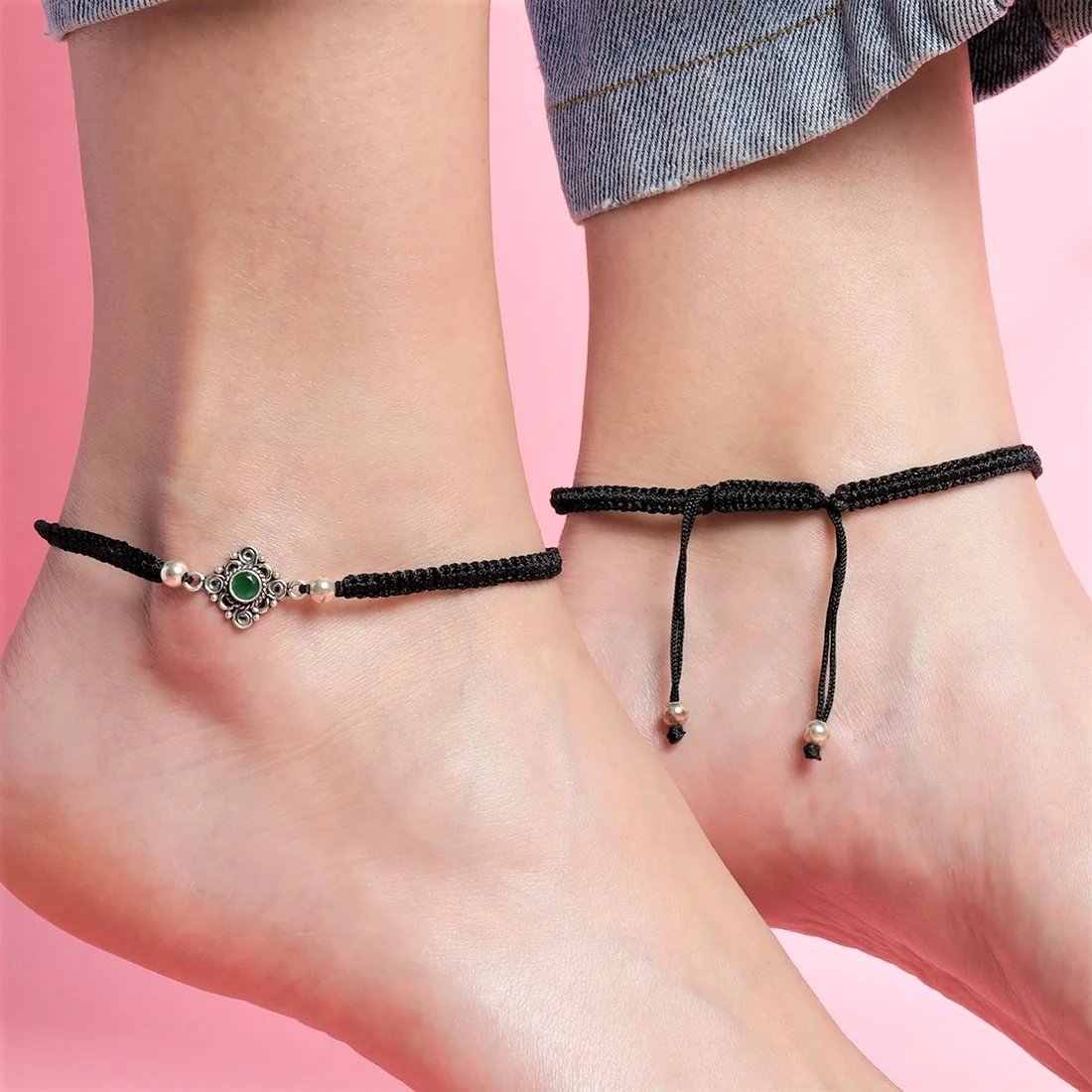 Green Stone Floral Rhodium Plated 925 Sterling Silver Thread Anklet - Image 7