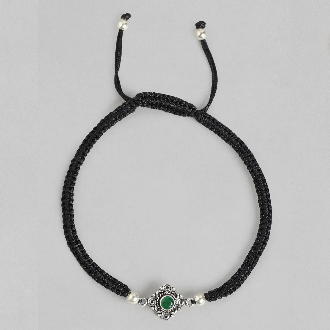 Green Stone Floral Rhodium Plated 925 Sterling Silver Thread Anklet - Image 8