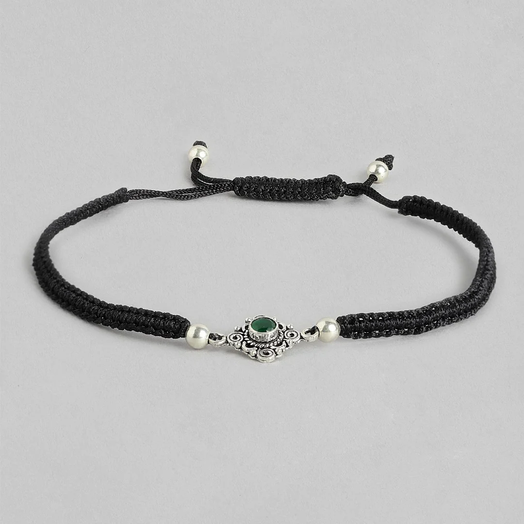 Green Stone Floral Rhodium Plated 925 Sterling Silver Thread Anklet - Image 9