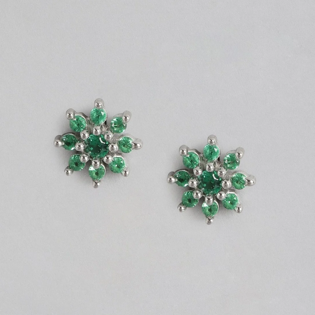 Green Stones Star Rhodium Plated 925 Sterling Silver Stud - Image 3