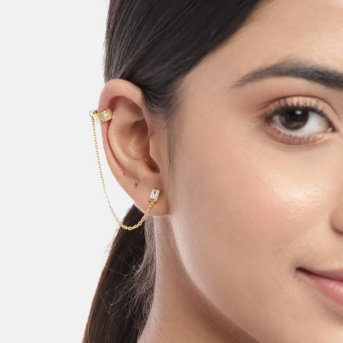 Hanging CZ Gold Plated 925 Sterling Silver Two Way Earrings - Image 2